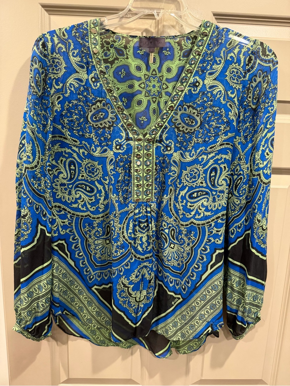 Like New Hale Bob 💯 Silk Blue, Black & Green Paisley V-Neck Tunic Top